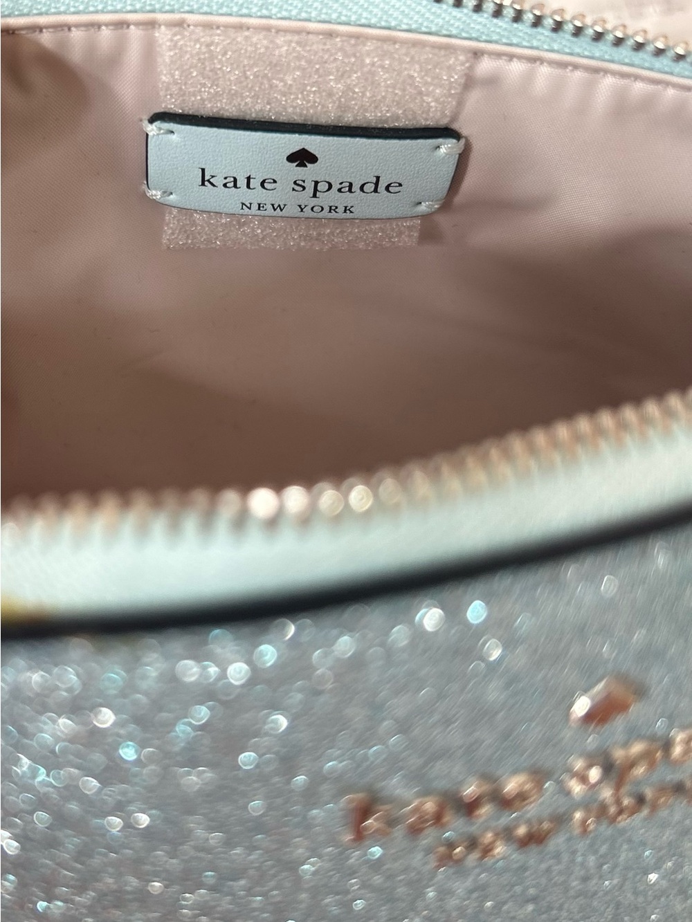 Kate Spade ♠️ Sparkle Cosmetic Bag in Frosty Sky Light Blue - Picture 4 of 11